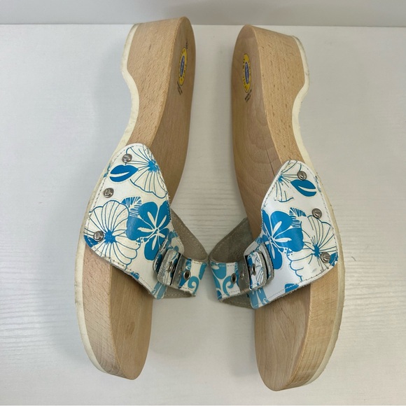 Dr Scholl’s Vintage Blue & White Hawaiian Hibiscus Silver Buckle Sandal Size 10 - Picture 11 of 14
